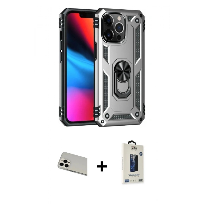MARSİLYAN™- iPhone 13 Pro Max Kılıf Ahenk Klasik Koleksiyonu - Siyah Bilvis Hayalet Cam Ekran Koruyucu + Rainbow Kamera Lens Koruma Cam - BZ