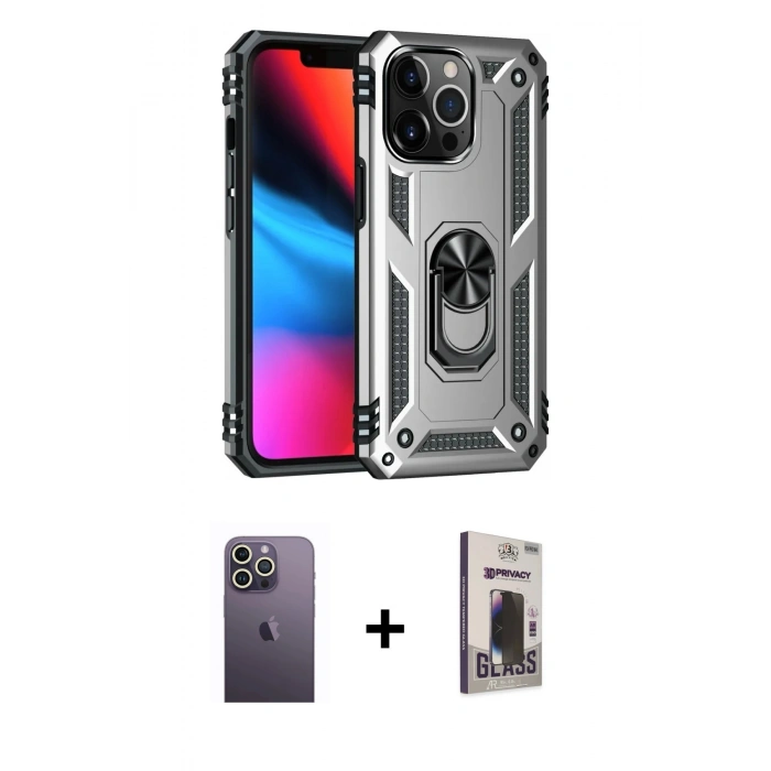 MARSİLYAN™- iPhone 13 Pro Max Kılıf Ahenk Klasik Koleksiyonu - Siyah Bilvis Hayalet Cam Ekran Koruyucu + Beyaz Neon Fosforlu Kamera Lens