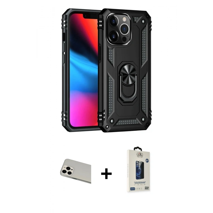 MARSİLYAN™- iPhone 13 Pro Max Kılıf Ahenk Klasik Koleksiyonu - Siyah Bilvis Hayalet Cam Ekran Koruyucu + Rainbow Kamera Lens Koruma Cam - BZ