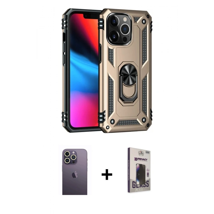 MARSİLYAN™- iPhone 13 Pro Max Kılıf Ahenk Klasik Koleksiyonu - Siyah Bilvis Hayalet Cam Ekran Koruyucu + Beyaz Neon Fosforlu Kamera Lens