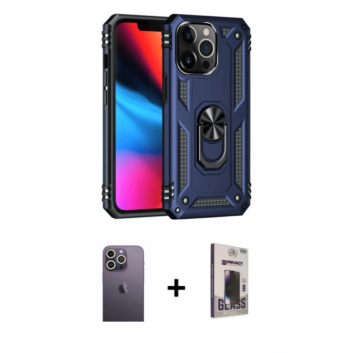 MARSİLYAN™- iPhone 13 Pro Max Kılıf Ahenk Klasik Koleksiyonu - Siyah Bilvis Hayalet Cam Ekran Koruyucu + Beyaz Neon Fosforlu Kamera Lens
