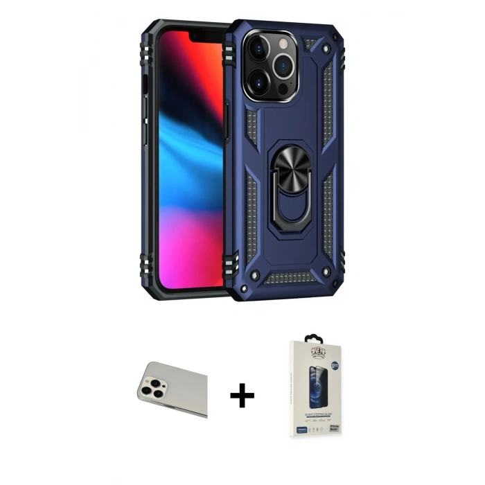 MARSİLYAN™- iPhone 13 Pro Max Kılıf Ahenk Klasik Koleksiyonu - Siyah Bilvis Hayalet Cam Ekran Koruyucu + Rainbow Kamera Lens Koruma Cam - BZ