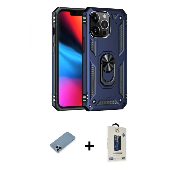 MARSİLYAN™- iPhone 13 Pro Max Kılıf Ahenk Klasik Koleksiyonu - Siyah Bilvis Hayalet Cam Ekran Koruyucu + Shine Kamera Lens Koruma Cam - GI