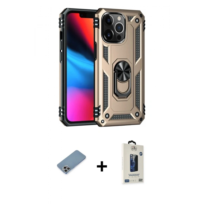 MARSİLYAN™- iPhone 13 Pro Max Kılıf Ahenk Klasik Koleksiyonu - Siyah Bilvis Hayalet Cam Ekran Koruyucu + Shine Kamera Lens Koruma Cam - GI