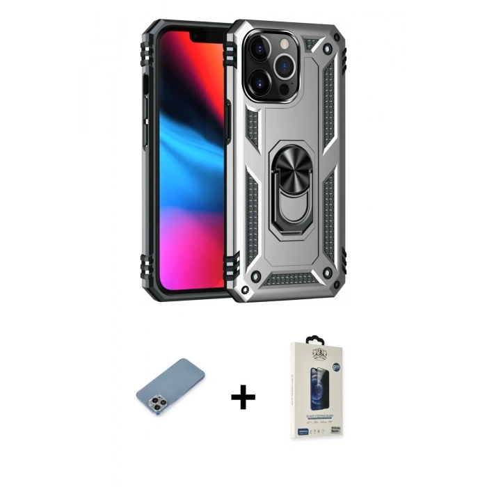 MARSİLYAN™- iPhone 13 Pro Max Kılıf Ahenk Klasik Koleksiyonu - Siyah Bilvis Hayalet Cam Ekran Koruyucu + Shine Kamera Lens Koruma Cam - GI