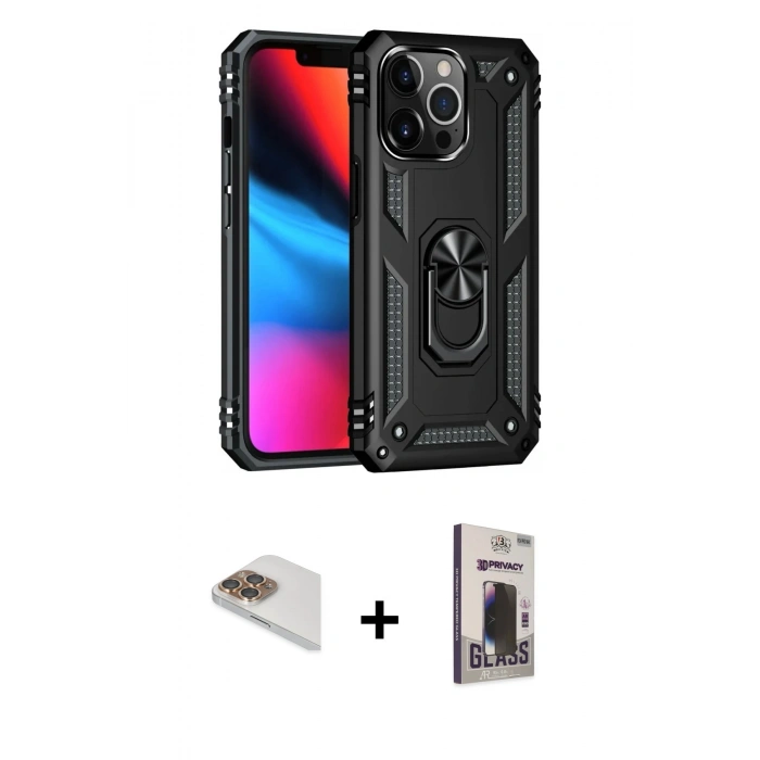 MARSİLYAN™- iPhone 13 Pro Max Kılıf Ahenk Klasik Koleksiyonu - Siyah Bilvis Hayalet Cam Ekran Koruyucu + Pers Alüminyum Kamera Lens - GD