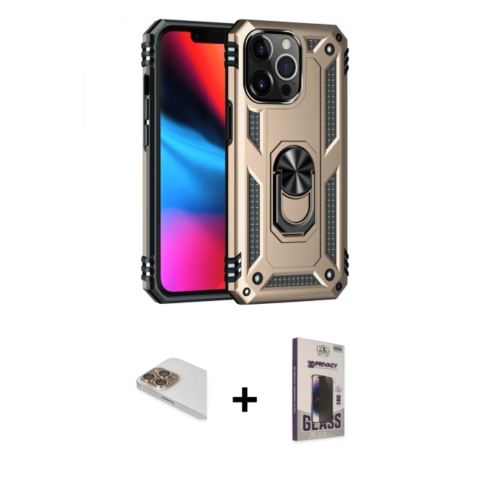 MARSİLYAN™- iPhone 13 Pro Max Kılıf Ahenk Klasik Koleksiyonu - Siyah Bilvis Hayalet Cam Ekran Koruyucu + Pers Alüminyum Kamera Lens - GD
