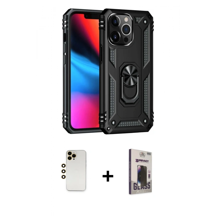 MARSİLYAN™- iPhone 13 Pro Max Kılıf Ahenk Klasik Koleksiyonu - Siyah Bilvis Hayalet Cam Ekran Koruyucu + Shine Kamera Lens - GD