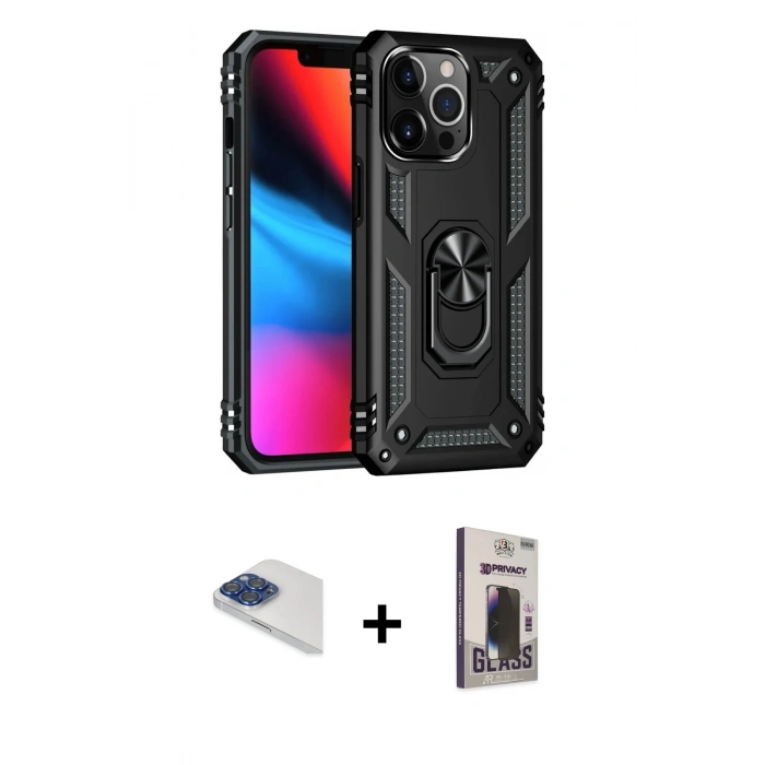 MARSİLYAN™- iPhone 13 Pro Max Kılıf Ahenk Klasik Koleksiyonu - Siyah Bilvis Hayalet Cam Ekran Koruyucu + Pers Alüminyum Kamera Lens - LT