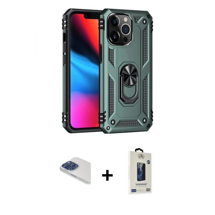 MARSİLYAN™- iPhone 13 Pro Max Kılıf Ahenk Klasik Koleksiyonu - Siyah Bilvis Hayalet Cam Ekran Koruyucu + Lacivert Pers Alüminyum Kamera Lens