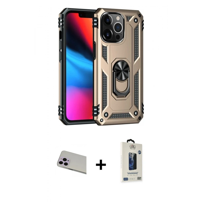 MARSİLYAN™- iPhone 13 Pro Max Kılıf Ahenk Klasik Koleksiyonu - Siyah Bilvis Hayalet Cam Ekran Koruyucu + Rainbow Kamera Lens Koruma Cam - MR