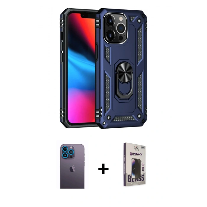 MARSİLYAN™- iPhone 13 Pro Max Kılıf Ahenk Klasik Koleksiyonu - Siyah Bilvis Hayalet Cam Ekran Koruyucu + Neon Fosforlu Kamera Lens - MI