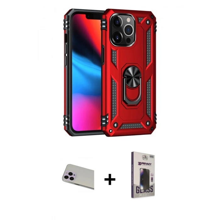 MARSİLYAN™- iPhone 13 Pro Max Kılıf Ahenk Klasik Koleksiyonu - Siyah Bilvis Hayalet Cam Ekran Koruyucu + Rainbow Kamera Lens Koruma Cam - MR