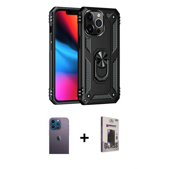 MARSİLYAN™- iPhone 13 Pro Max Kılıf Ahenk Klasik Koleksiyonu - Siyah Bilvis Hayalet Cam Ekran Koruyucu + Neon Fosforlu Kamera Lens - MI