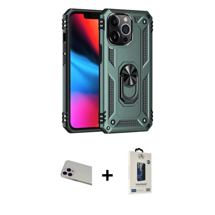 MARSİLYAN™- iPhone 13 Pro Max Kılıf Ahenk Klasik Koleksiyonu - Siyah Bilvis Hayalet Cam Ekran Koruyucu + Rainbow Kamera Lens Koruma Cam - MR