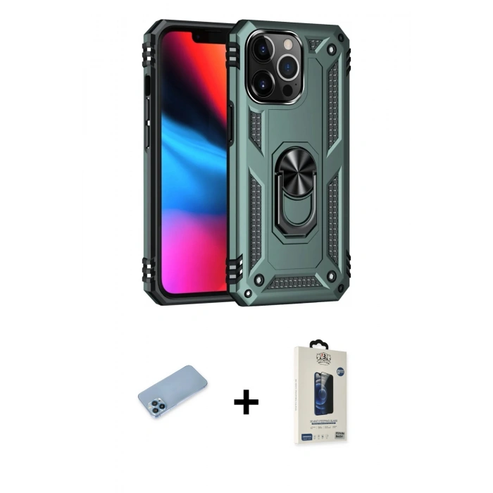 MARSİLYAN™- iPhone 13 Pro Max Kılıf Ahenk Klasik Koleksiyonu - Siyah Bilvis Hayalet Cam Ekran Koruyucu + Shine Kamera Lens Koruma Cam - MI