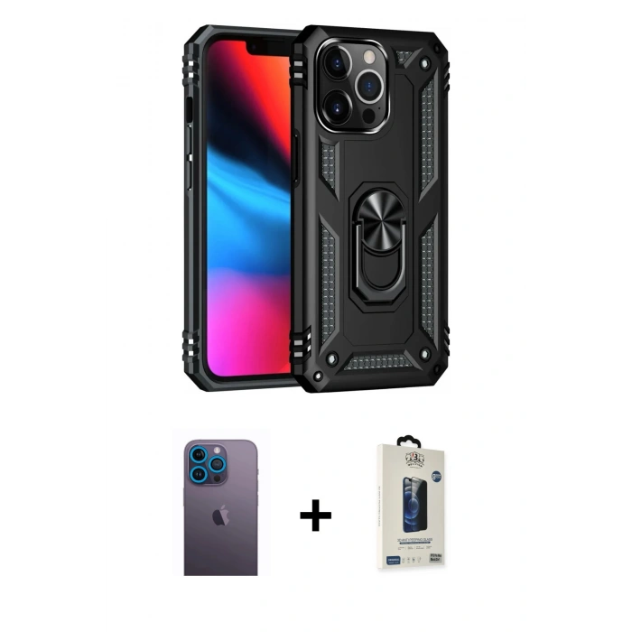 MARSİLYAN™- iPhone 13 Pro Max Kılıf Ahenk Klasik Koleksiyonu - Siyah Bilvis Hayalet Cam Ekran Koruyucu + Neon Fosforlu Kamera Lens - MI