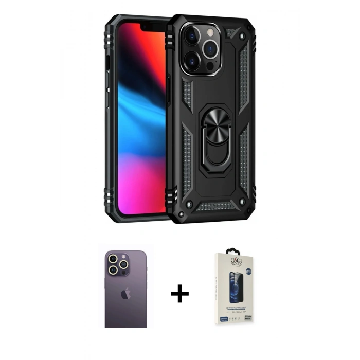MARSİLYAN™- iPhone 13 Pro Max Kılıf Ahenk Klasik Koleksiyonu - Siyah Bilvis Hayalet Cam Ekran Koruyucu + Neon Fosforlu Kamera Lens - BZ