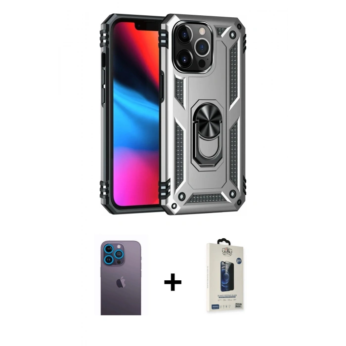 MARSİLYAN™- iPhone 13 Pro Max Kılıf Ahenk Klasik Koleksiyonu - Siyah Bilvis Hayalet Cam Ekran Koruyucu + Neon Fosforlu Kamera Lens - MI