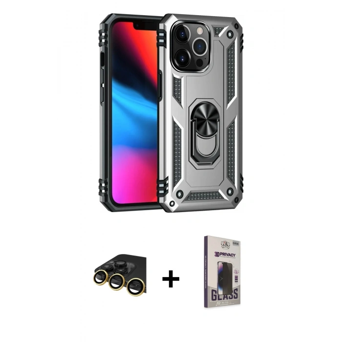 MARSİLYAN™- iPhone 13 Pro Max Kılıf Ahenk Klasik Koleksiyonu - Siyah Bilvis Hayalet Cam Ekran Koruyucu + Raze Metal Kamera Lens - GD