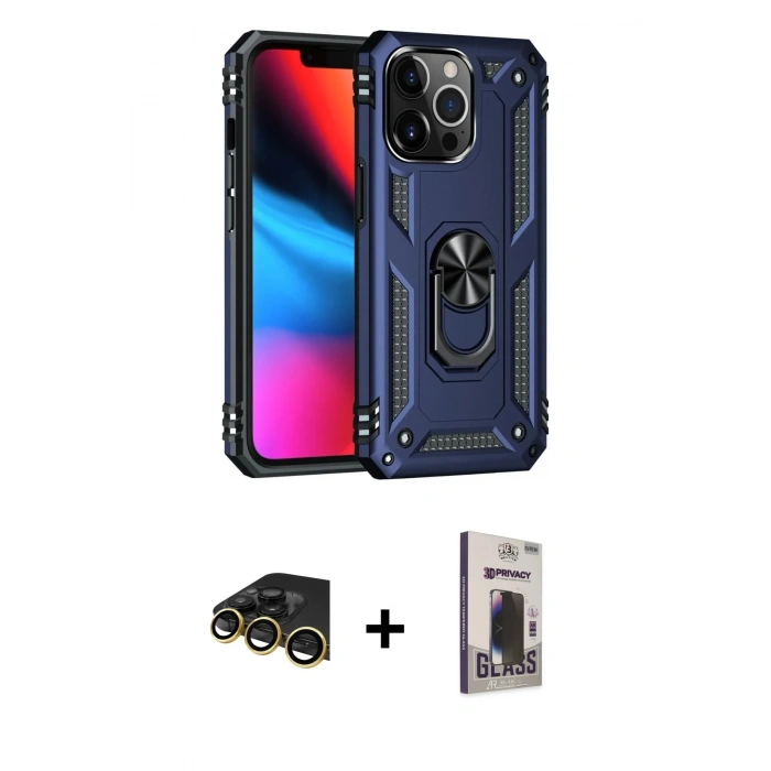 MARSİLYAN™- iPhone 13 Pro Max Kılıf Ahenk Klasik Koleksiyonu - Siyah Bilvis Hayalet Cam Ekran Koruyucu + Raze Metal Kamera Lens - GD