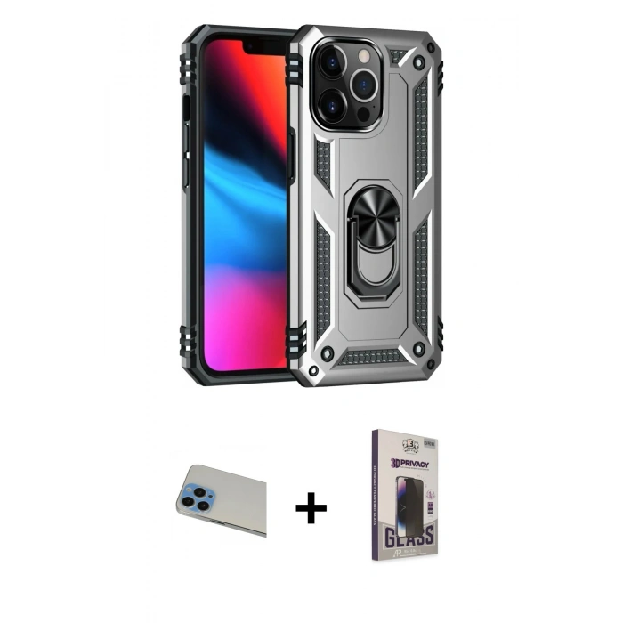 MARSİLYAN™- iPhone 13 Pro Max Kılıf Ahenk Klasik Koleksiyonu - Siyah Bilvis Hayalet Cam Ekran Koruyucu + Rainbow Kamera Lens Koruma Cam - MI