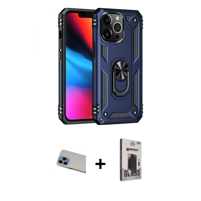 MARSİLYAN™- iPhone 13 Pro Max Kılıf Ahenk Klasik Koleksiyonu - Siyah Bilvis Hayalet Cam Ekran Koruyucu + Rainbow Kamera Lens Koruma Cam - MI