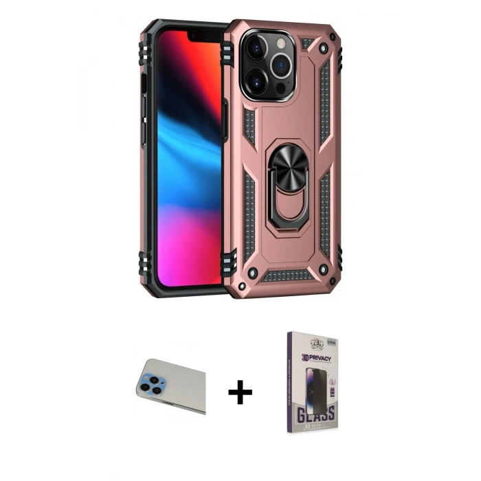 MARSİLYAN™- iPhone 13 Pro Max Kılıf Ahenk Klasik Koleksiyonu - Siyah Bilvis Hayalet Cam Ekran Koruyucu + Rainbow Kamera Lens Koruma Cam - MI