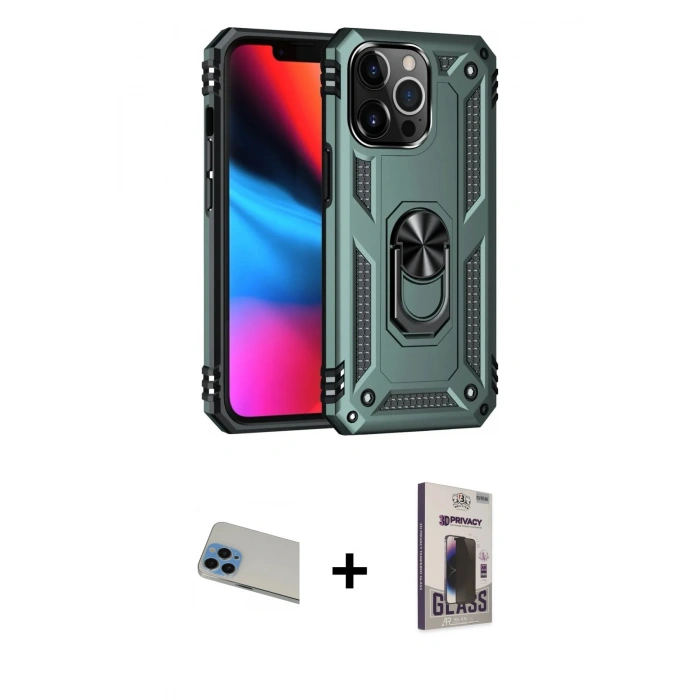 MARSİLYAN™- iPhone 13 Pro Max Kılıf Ahenk Klasik Koleksiyonu - Siyah Bilvis Hayalet Cam Ekran Koruyucu + Rainbow Kamera Lens Koruma Cam - MI