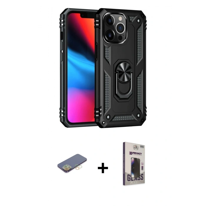 MARSİLYAN™- iPhone 13 Pro Max Kılıf Ahenk Klasik Koleksiyonu - Siyah Bilvis Hayalet Cam Ekran Koruyucu + Renkli Kamera Lens Koruma Cam - SI