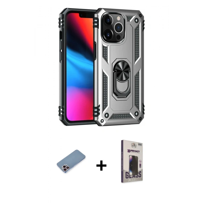 MARSİLYAN™- iPhone 13 Pro Max Kılıf Ahenk Klasik Koleksiyonu - Siyah Bilvis Hayalet Cam Ekran Koruyucu + Shine Kamera Lens Koruma Cam - PE