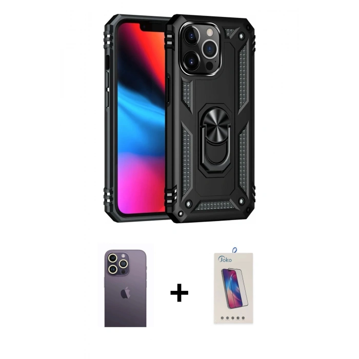 MARSİLYAN™- iPhone 13 Pro Max Kılıf Ahenk Klasik Koleksiyonu - Siyah Joko 5D Cam + Neon Fosforlu Kamera Lens - BZ