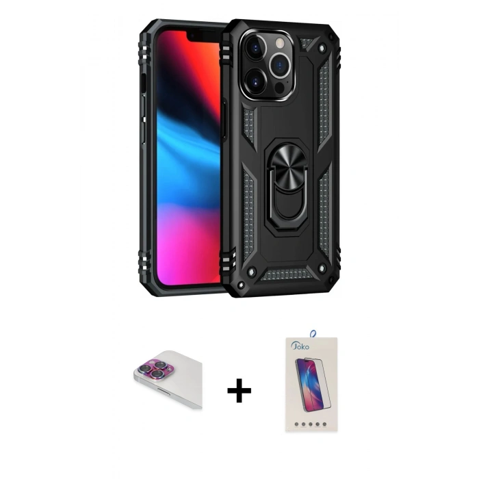 MARSİLYAN™- iPhone 13 Pro Max Kılıf Ahenk Klasik Koleksiyonu - Siyah Joko 5D Cam + Gökkuşağı Pers Alüminyum Kamera Lens