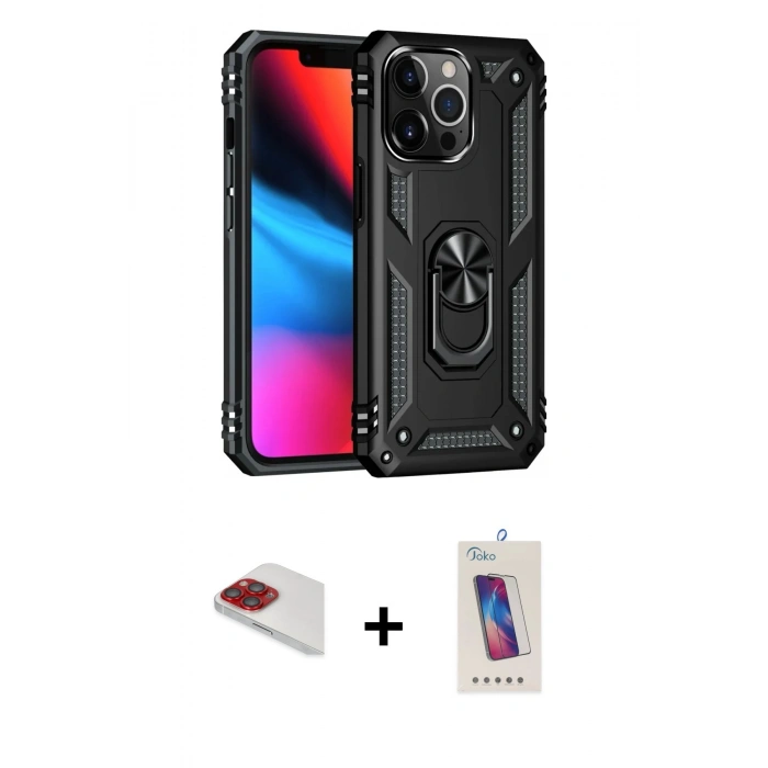 MARSİLYAN™- iPhone 13 Pro Max Kılıf Ahenk Klasik Koleksiyonu - Siyah Joko 5D Cam + Pers Alüminyum Kamera Lens - KI