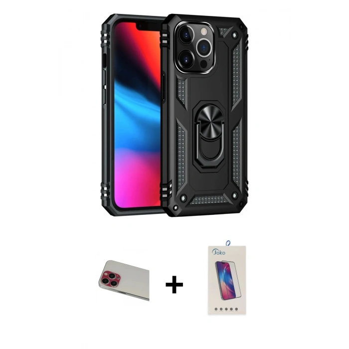 MARSİLYAN™- iPhone 13 Pro Max Kılıf Ahenk Klasik Koleksiyonu - Siyah Joko 5D Cam + Rainbow Kamera Lens Koruma Cam - KI