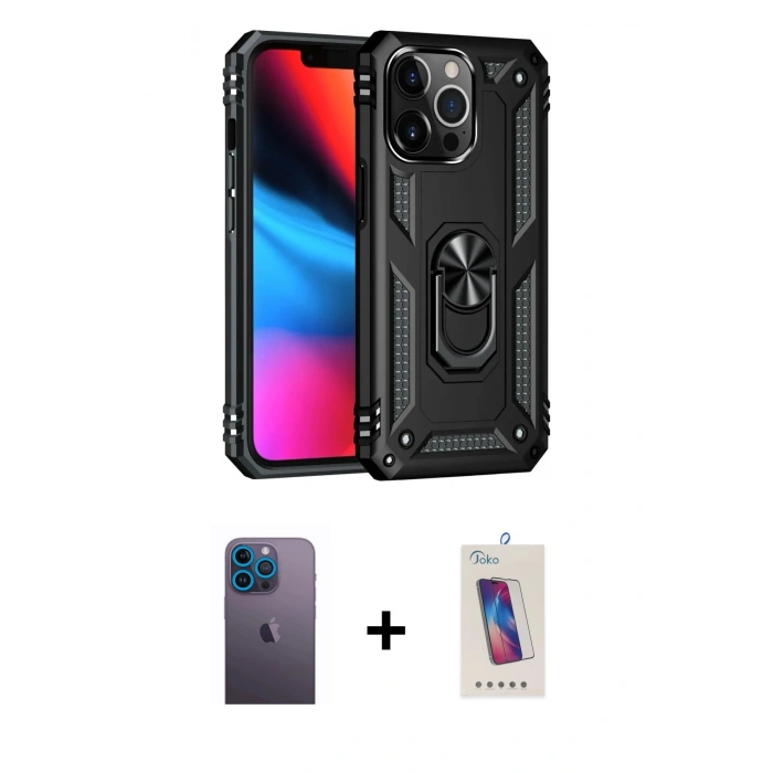 MARSİLYAN™- iPhone 13 Pro Max Kılıf Ahenk Klasik Koleksiyonu - Siyah Joko 5D Cam + Neon Fosforlu Kamera Lens - MI