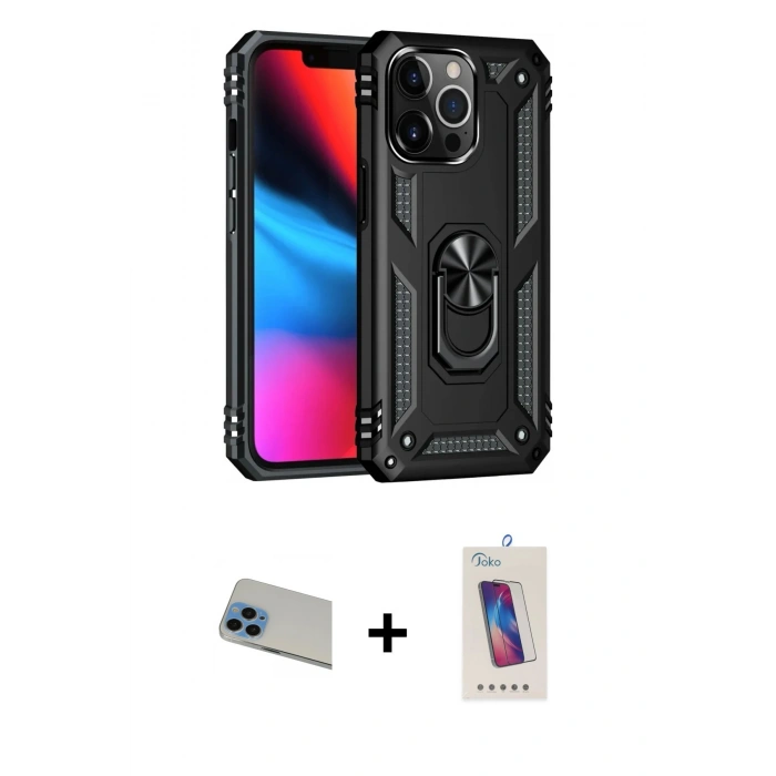 MARSİLYAN™- iPhone 13 Pro Max Kılıf Ahenk Klasik Koleksiyonu - Siyah Joko 5D Cam + Rainbow Kamera Lens Koruma Cam - MI