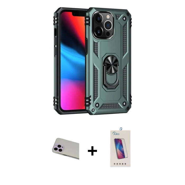 MARSİLYAN™- iPhone 13 Pro Max Kılıf Ahenk Klasik Koleksiyonu - Siyah Joko 5D Cam + Rainbow Kamera Lens Koruma Cam - MR