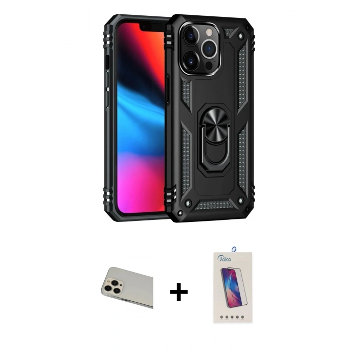 MARSİLYAN™- iPhone 13 Pro Max Kılıf Ahenk Klasik Koleksiyonu - Siyah Joko 5D Cam + Rainbow Kamera Lens Koruma Cam - REGD