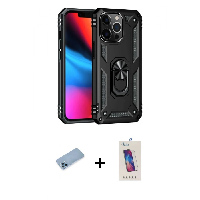MARSİLYAN™- iPhone 13 Pro Max Kılıf Ahenk Klasik Koleksiyonu - Siyah Joko 5D Cam + Shine Kamera Lens Koruma Cam - MI