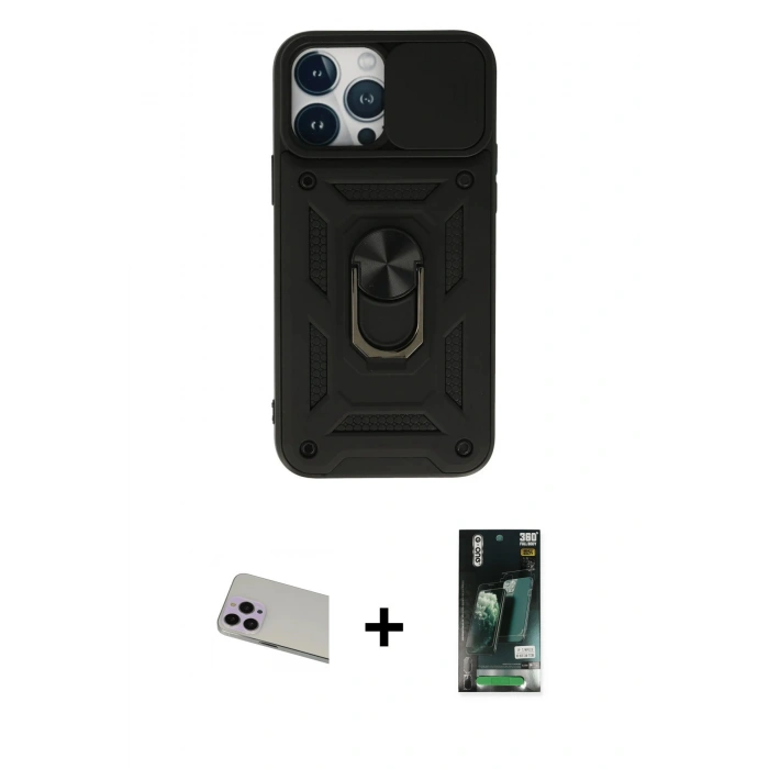 MARSİLYAN™- iPhone 13 Pro Max Kılıf Ahenk Klasik - Şeffaf 360 Full Body Arka Koruyucu + Rainbow Kamera Lens Koruma Cam - MR