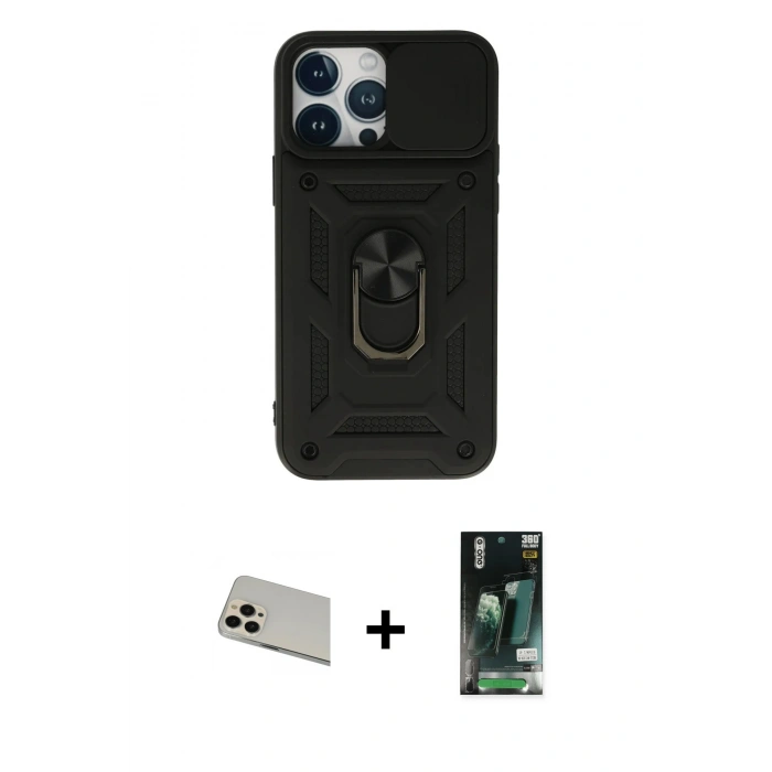 MARSİLYAN™- iPhone 13 Pro Max Kılıf Ahenk Klasik - Şeffaf 360 Full Body Arka Koruyucu + Rainbow Kamera Lens Koruma Cam - REGD