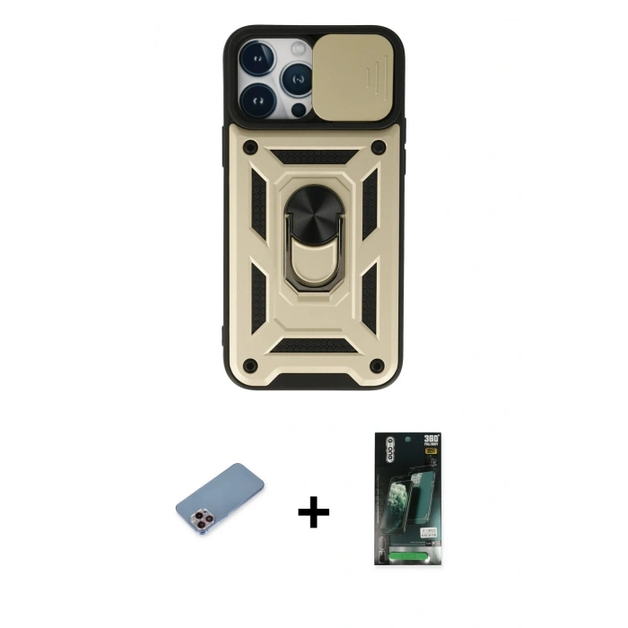 MARSİLYAN™- iPhone 13 Pro Max Kılıf Ahenk Klasik - Şeffaf 360 Full Body Arka Koruyucu + Shine Kamera Lens Koruma Cam - PE