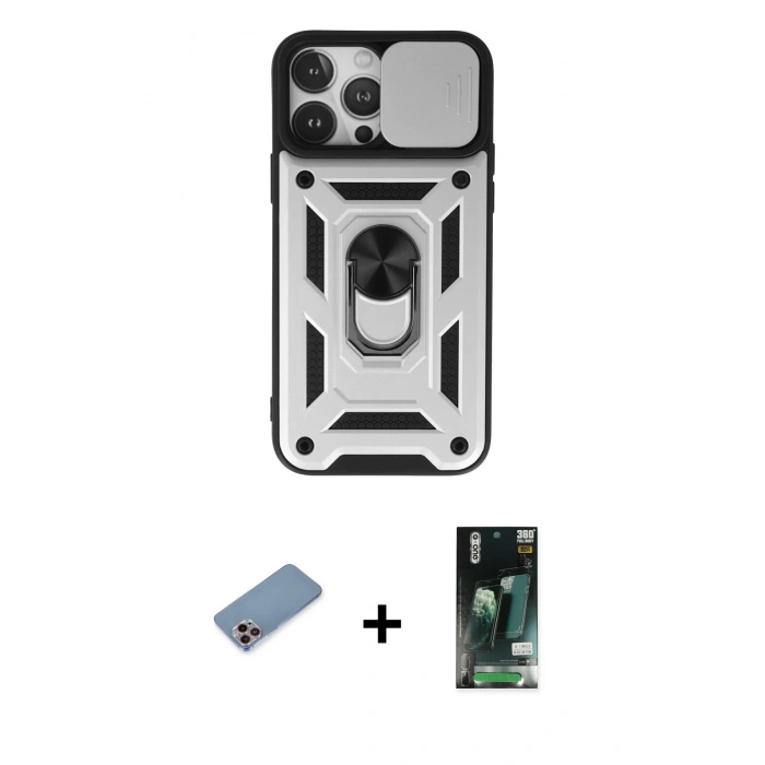 MARSİLYAN™- iPhone 13 Pro Max Kılıf Ahenk Klasik - Şeffaf 360 Full Body Arka Koruyucu + Shine Kamera Lens Koruma Cam - PE