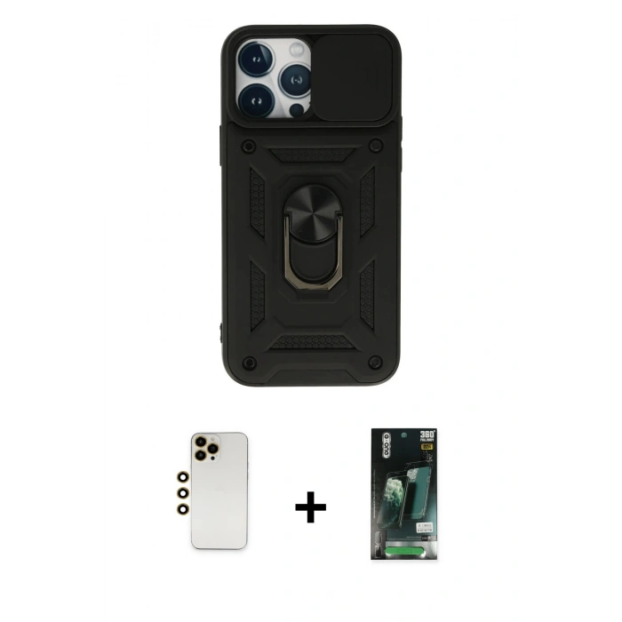 MARSİLYAN™- iPhone 13 Pro Max Kılıf Ahenk Klasik - Şeffaf 360 Full Body Arka Koruyucu + Shine Kamera Lens - GD