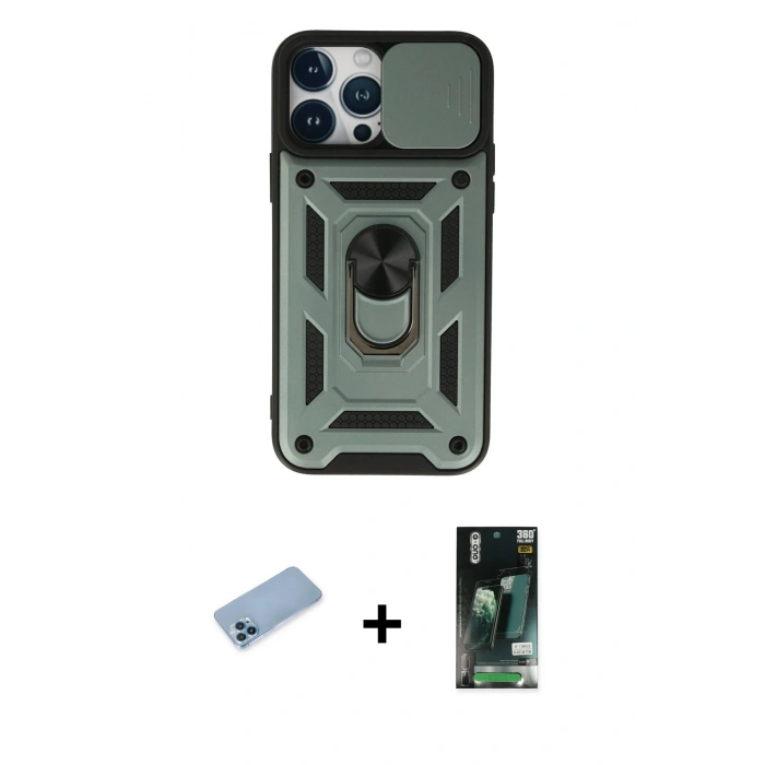 MARSİLYAN™- iPhone 13 Pro Max Kılıf Ahenk Klasik - Şeffaf 360 Full Body Arka Koruyucu + Shine Kamera Lens Koruma Cam - MI