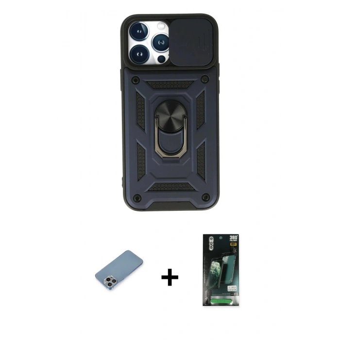 MARSİLYAN™- iPhone 13 Pro Max Kılıf Ahenk Klasik - Şeffaf 360 Full Body Arka Koruyucu + Shine Kamera Lens Koruma Cam - GI