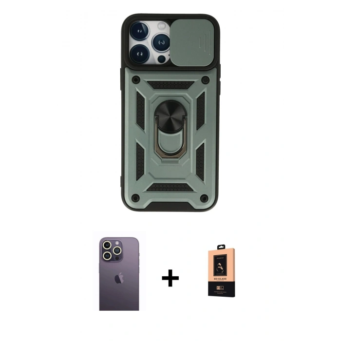 MARSİLYAN™- iPhone 13 Pro Max Kılıf Ahenk Klasik - Şeffaf Maxco Cam Ekran Koruyucu + Neon Fosforlu Kamera Lens - BZ