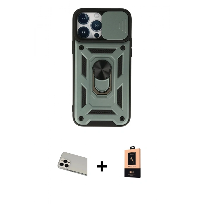 MARSİLYAN™- iPhone 13 Pro Max Kılıf Ahenk Klasik - Şeffaf Maxco Cam Ekran Koruyucu + Rainbow Kamera Lens Koruma Cam - BZ