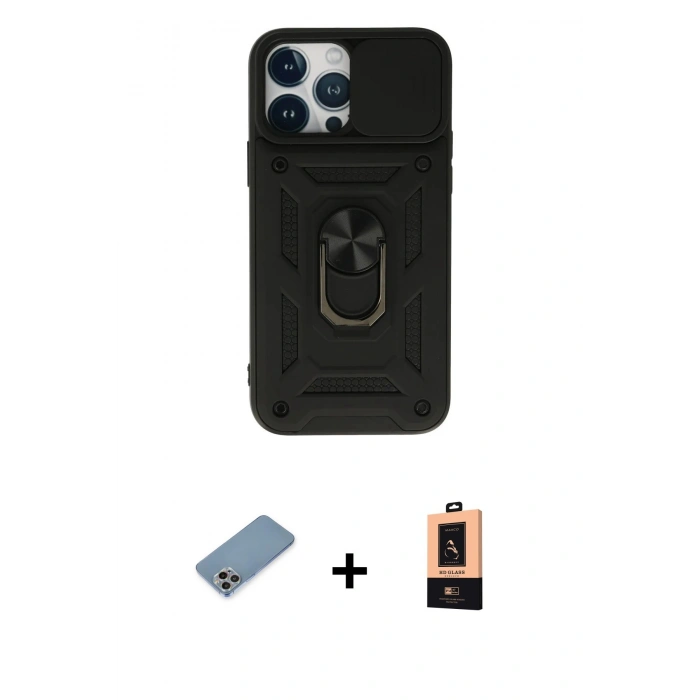 MARSİLYAN™- iPhone 13 Pro Max Kılıf Ahenk Klasik - Şeffaf Maxco Cam Ekran Koruyucu + Gökkuşağı Shine Kamera Lens Koruma Cam